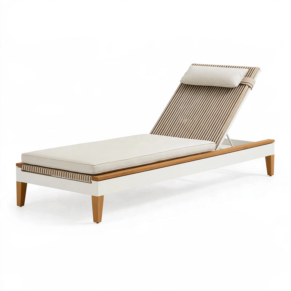 Lettino prendisole 200 x 75 x 90 cm in legno bianco e naturale con schienale reclinabile per esterno