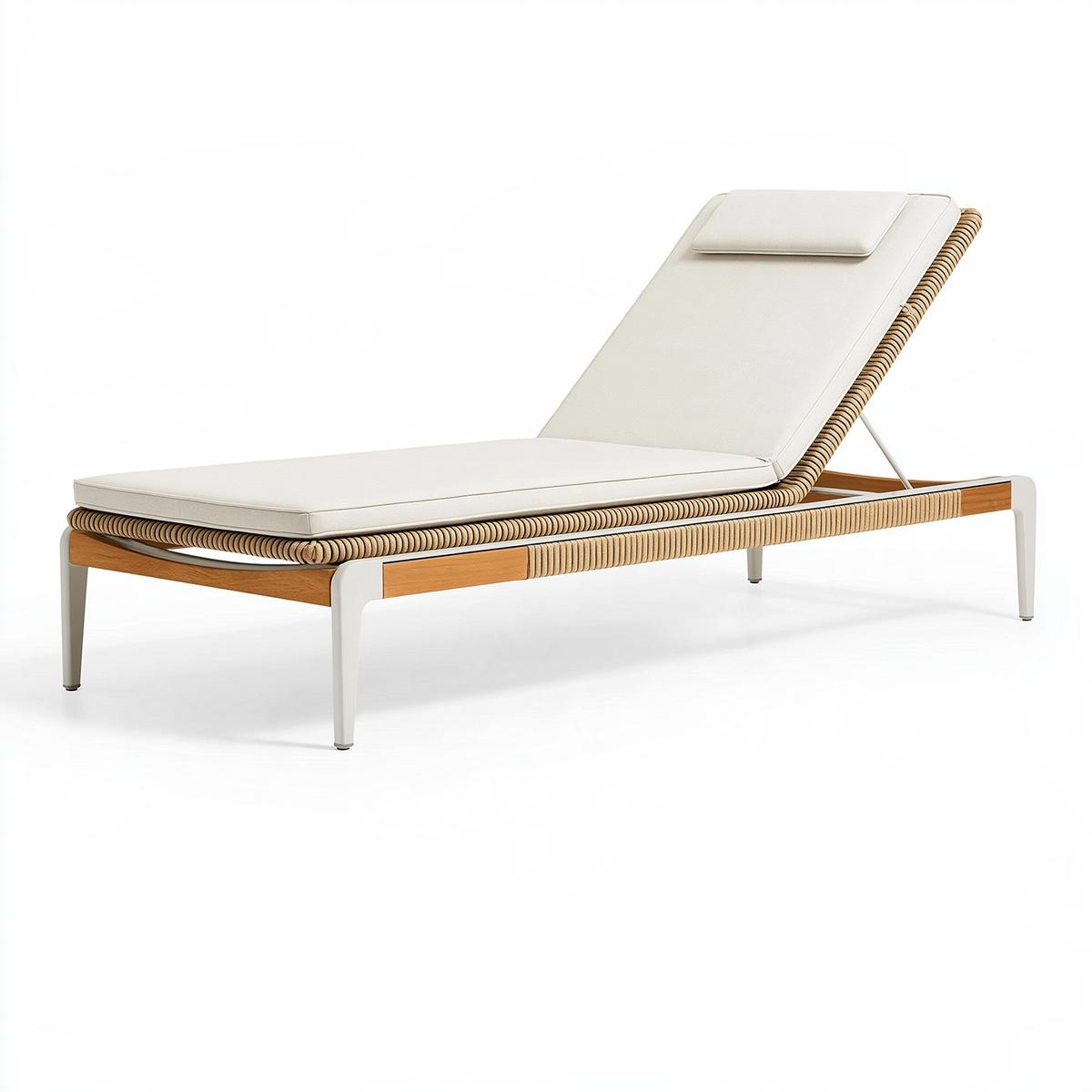 Lettino prendisole 200 x 75 cm in legno e corda beige per esterno con schienale regolabile