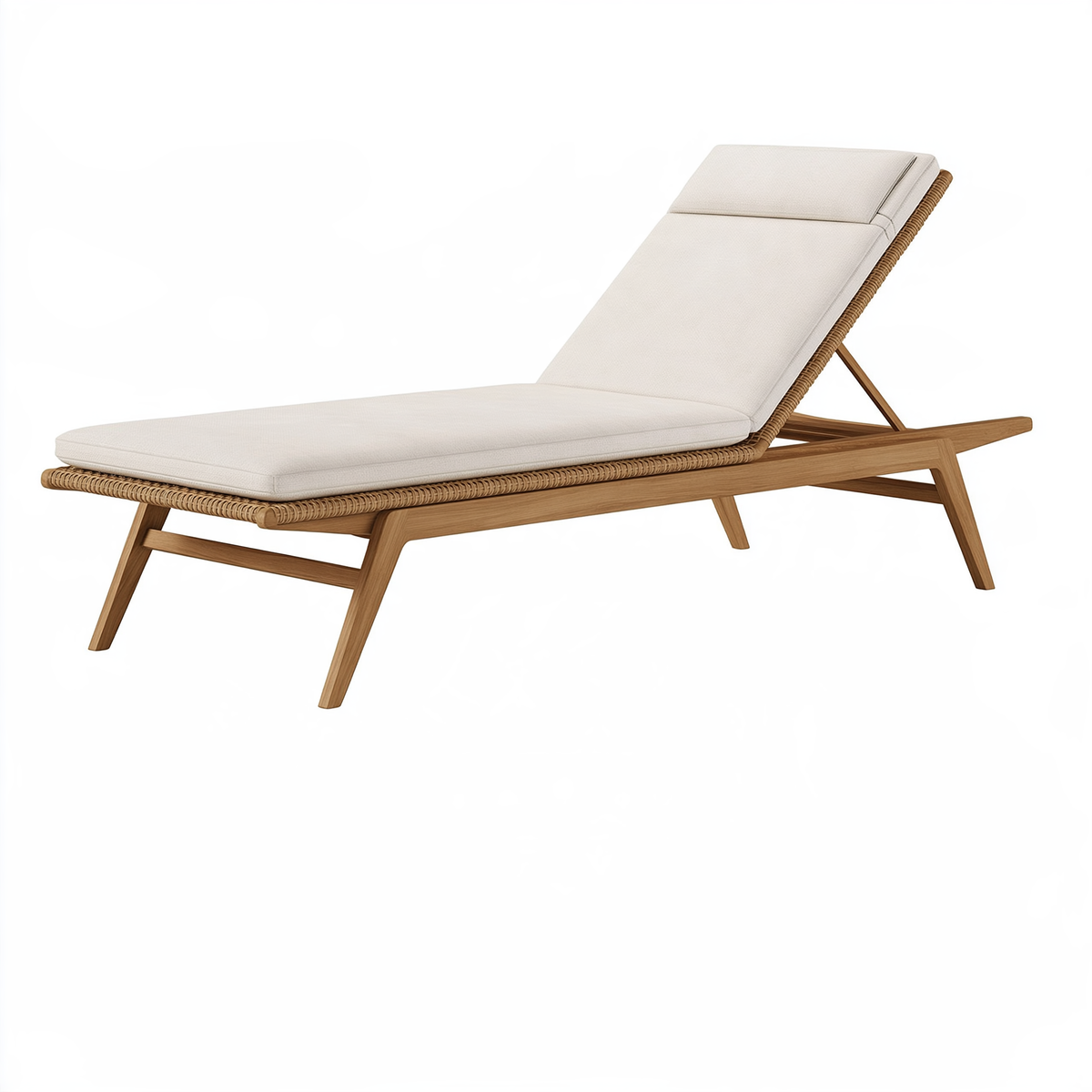 Lettino prendisole 200 x 70 x 85 cm in legno e fibra intrecciata beige con cuscino bianco - schienale reclinabile per esterno