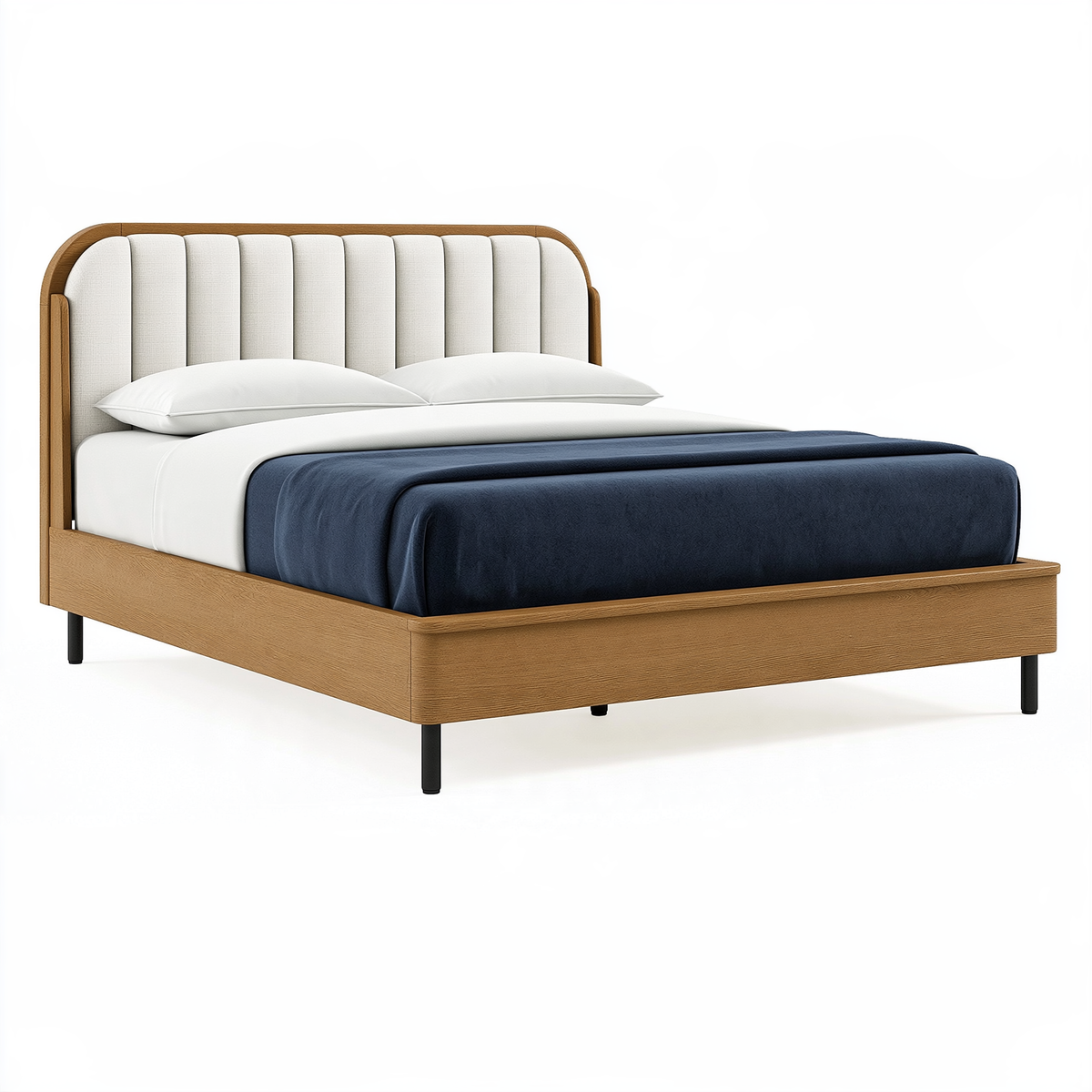 Letto matrimoniale 160 x 200 cm in legno naturale e tessuto bianco - testiera imbottita moderna