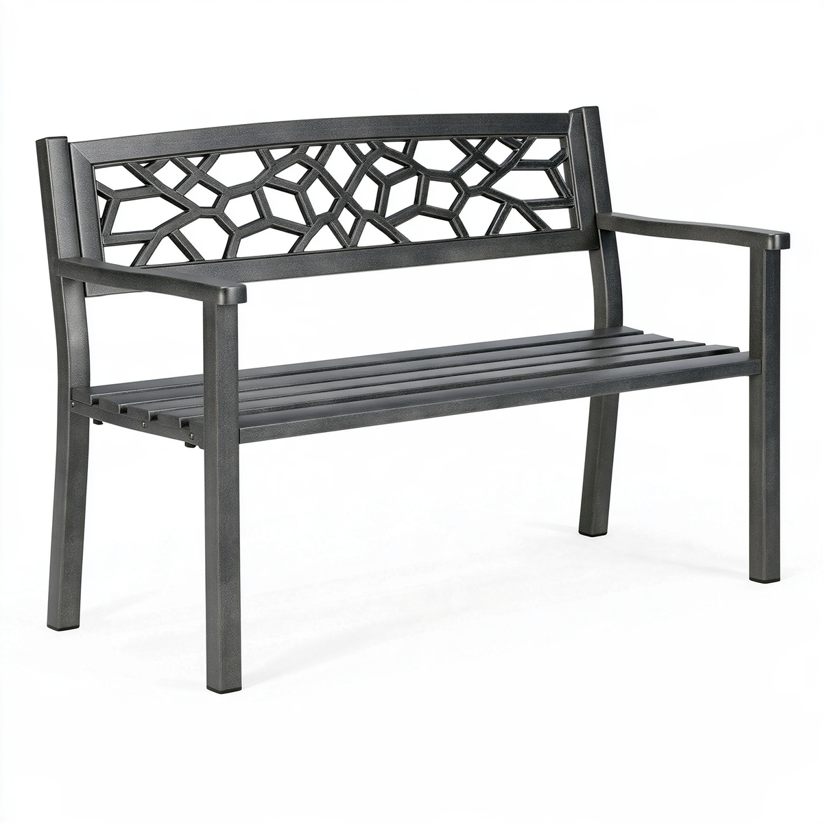 Panchina da giardino 122 x 61 x 89 cm in metallo nero - schienale geometrico