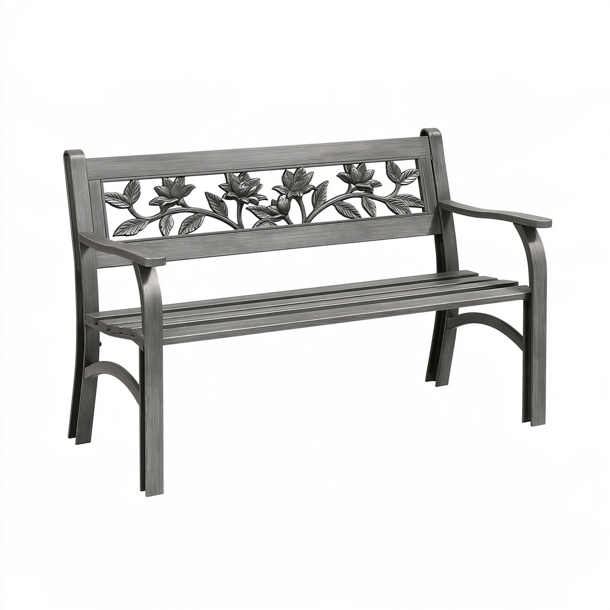 Panchina da giardino 122 x 61 x 90 cm in metallo grigio con schienale floreale classico