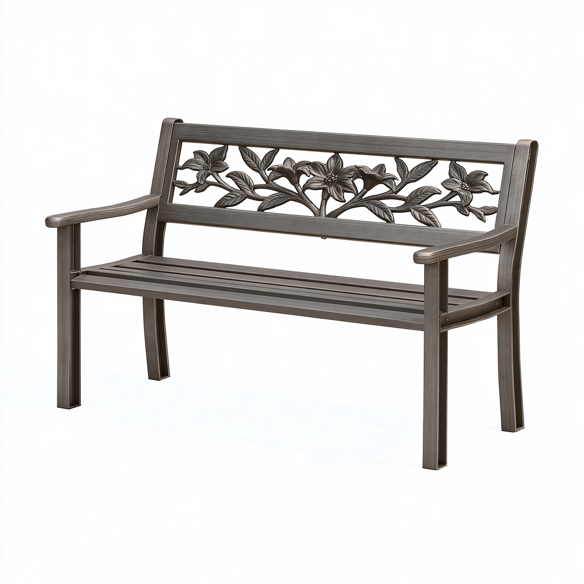Panca da giardino 122 cm in metallo grigio scuro con schienale floreale