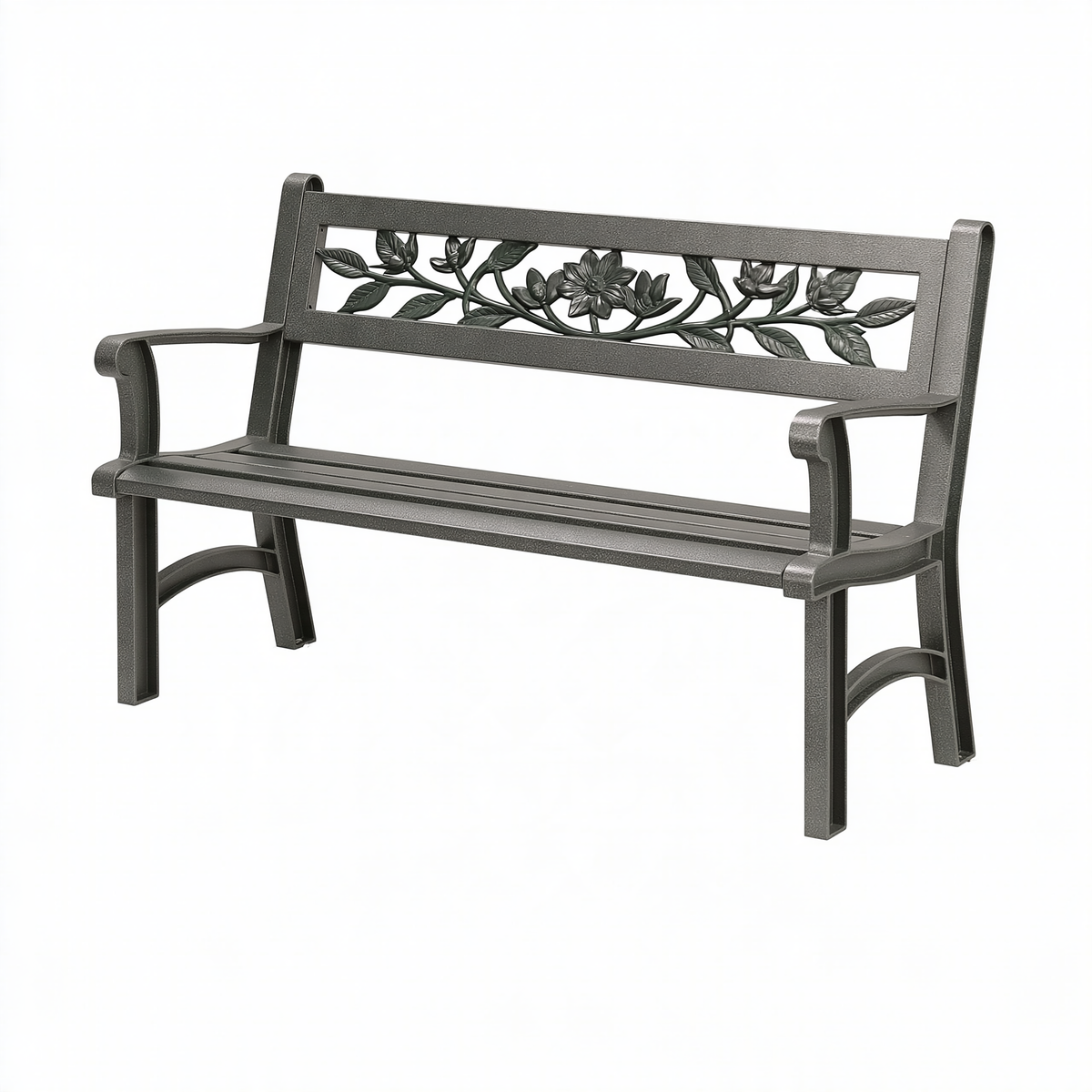 Panca da giardino 122 cm x 62 cm x 91 cm in metallo grigio scuro con schienale floreale classico