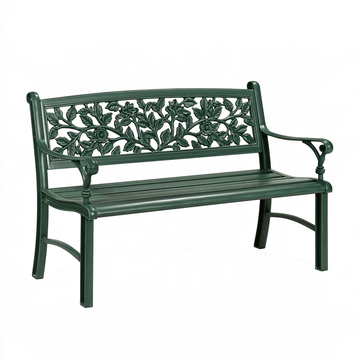 Panca da giardino 122 x 59 x 87 cm in metallo verde con schienale floreale classico