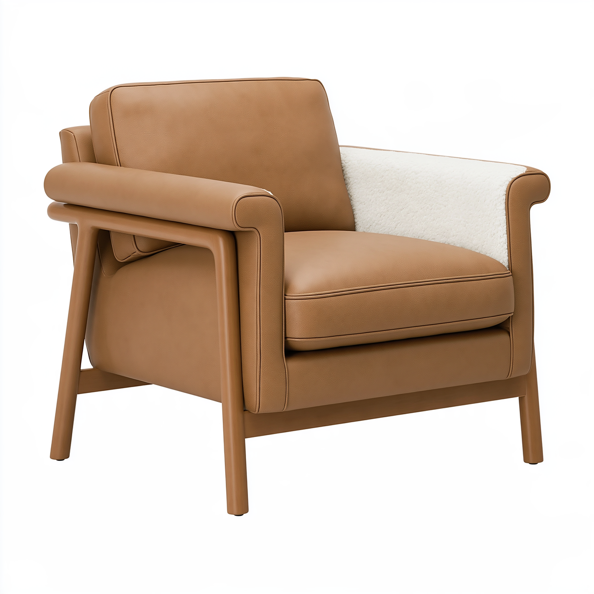 Poltrona 75 x 82 x 85 cm in rivestimento sintetico color cammello e tessuto bouclé bianco stile contemporaneo