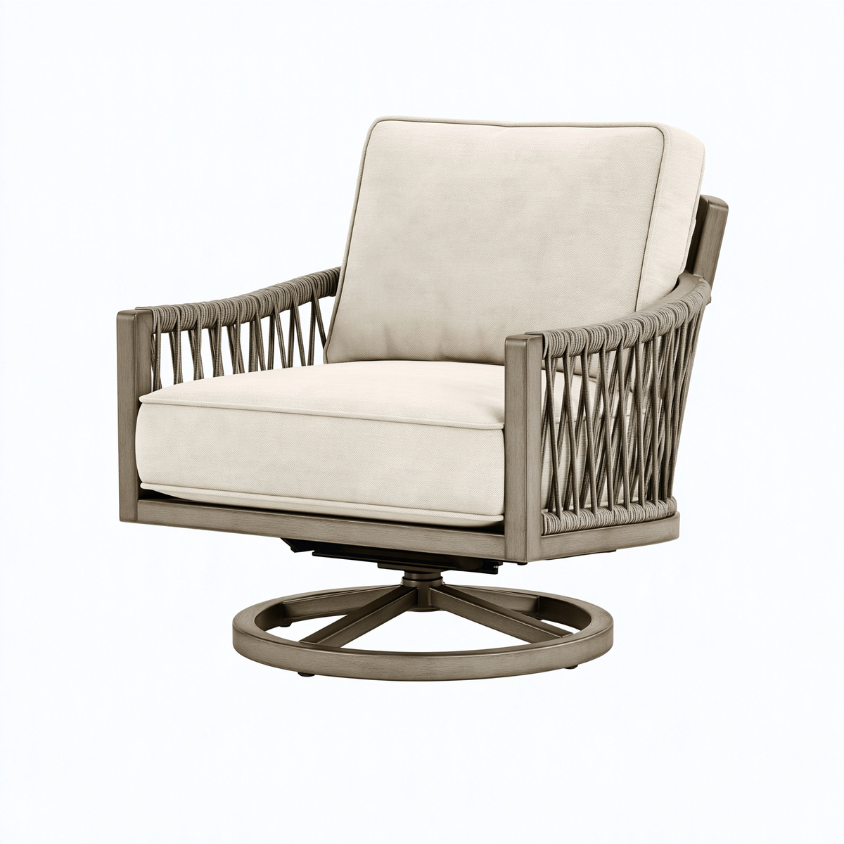 Poltrona girevole da esterno 76 x 82 x 88 cm in legno e corda tortora con rivestimento avorio stile contemporaneo