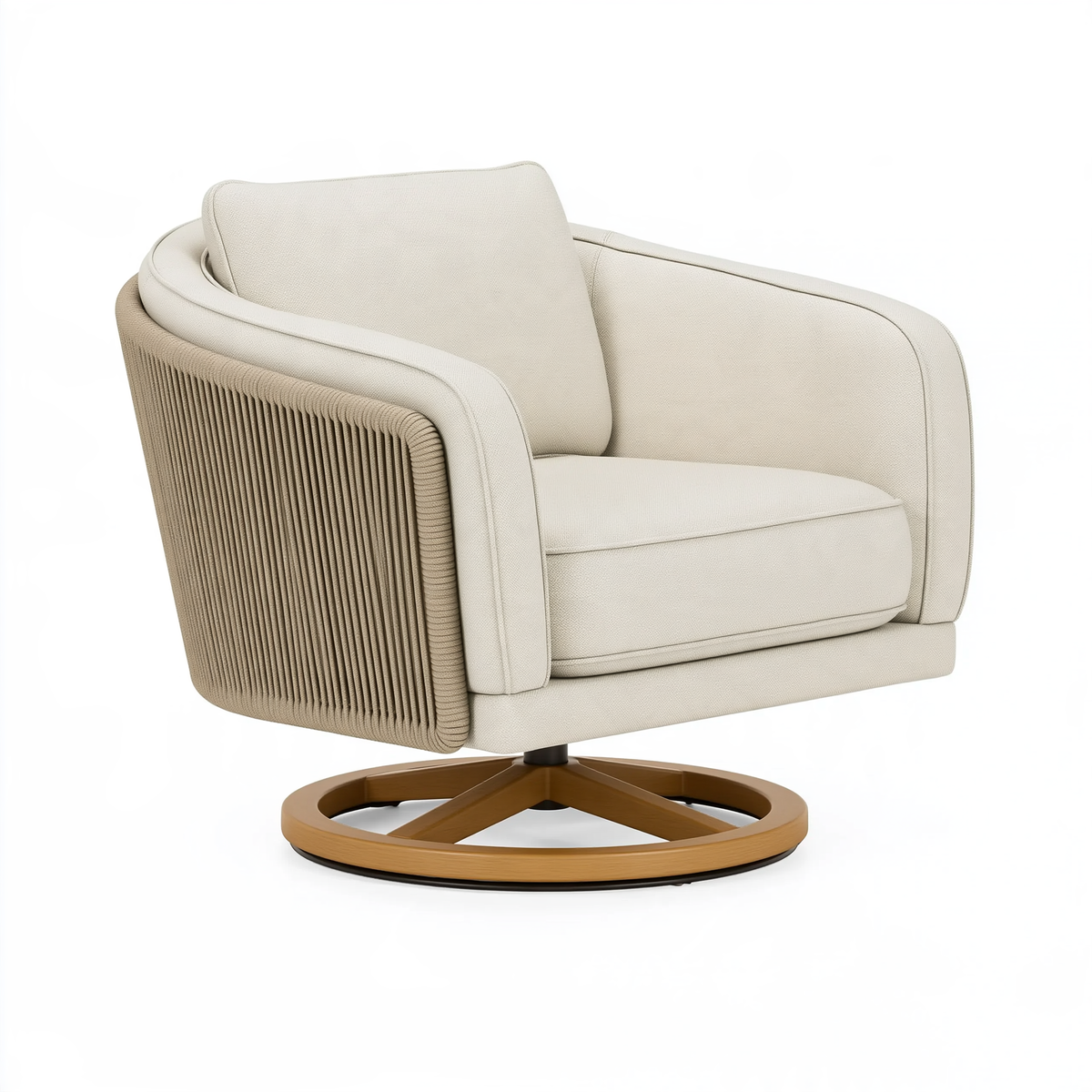 Poltrona girevole 85 x 85 x 78 cm in tessuto beige con base in legno stile moderno