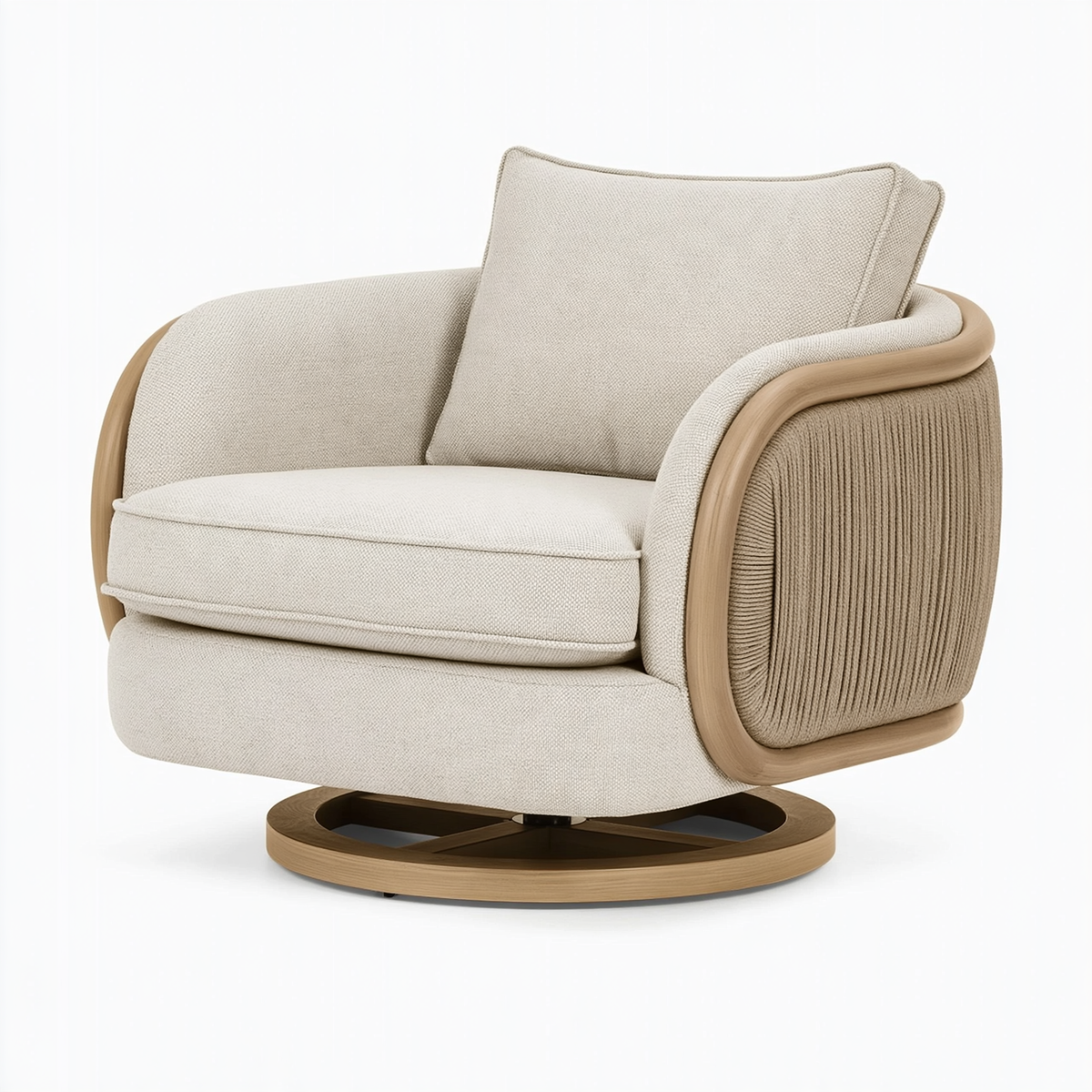 Poltrona girevole 92 x 88 x 88 cm in tessuto beige e legno naturale - stile moderno